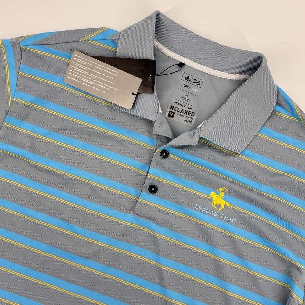 Adidas Golf Polo Mens XL ClimaLite Legend Trail Striped Blue Gray Yellow Relaxed